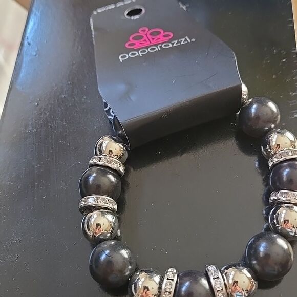 Elegant Black Silver Tone Beaded Bracelet Stretchy Womens Jewelry Accessory Cute - Picture 3 of 13